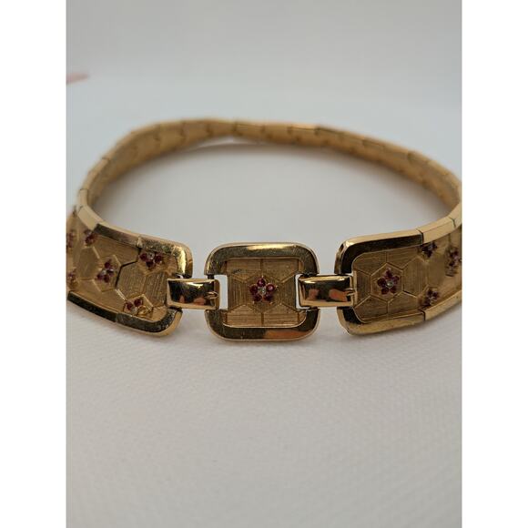 RARE! Vintage Gold BOUCHER Signed Red Rhinestone Flower Choker 16" & Extender - Picture 5 of 10